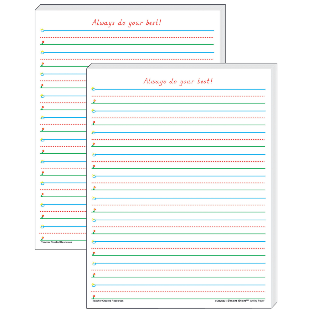 Teacher Created Resources Smart Start 1-2 Writing Paper, 8-1/2in x 11in, Primary Rule, White, 100 Sheets Per Pack, Set Of 2 Packs