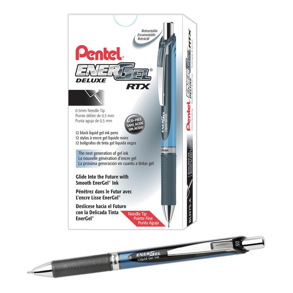 Pentel EnerGel Deluxe RTX Retractable Liquid Gel Pens, Fine Point, 0.5 mm, 54% Recycled, Blue Barrel, Black Ink, Pack Of 12 Pens