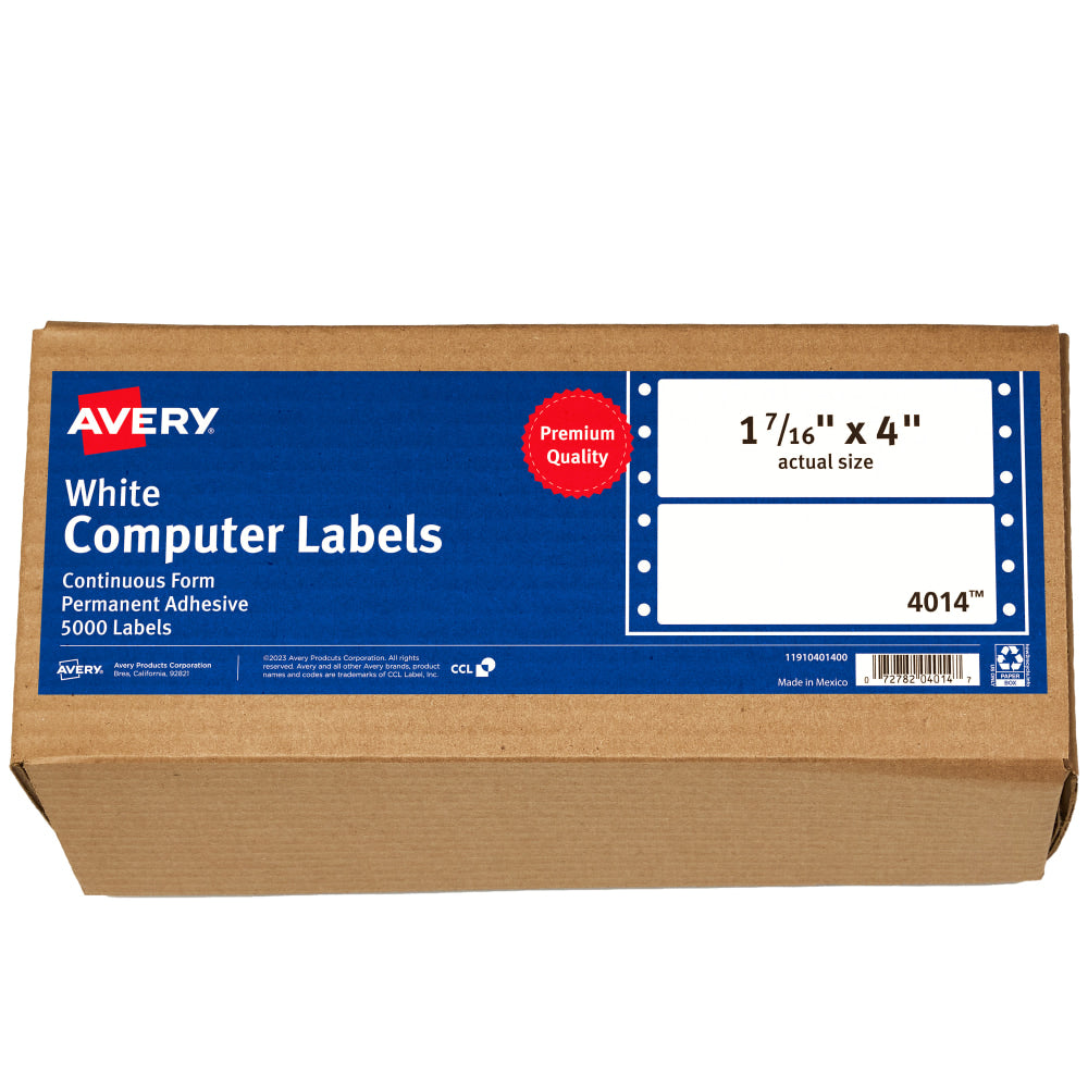 Avery Continuous Form Permanent Address Labels, 4014, Rectangle, 4in x 1 7/16in, White, Pack Of 5,000