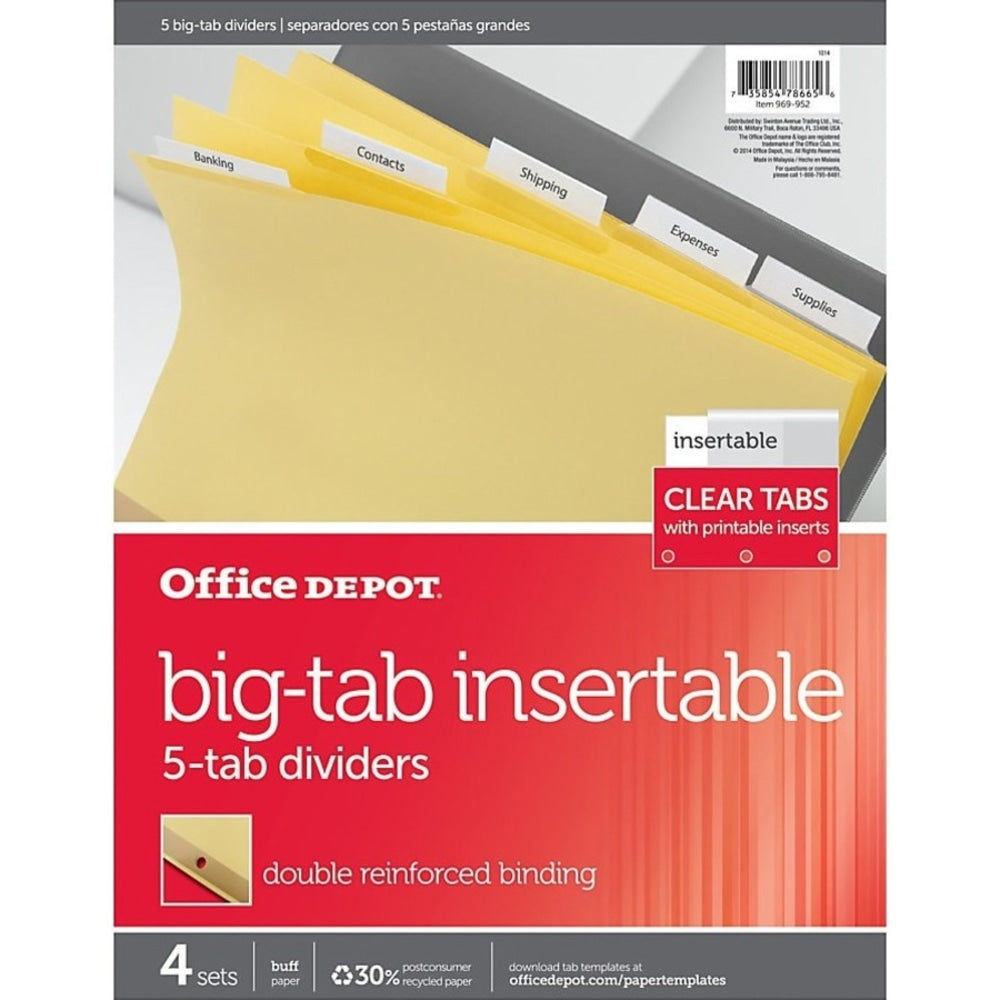 Office Depot Brand Insertable Dividers With Big Tabs, Buff, Clear Tabs, 5-Tab, Pack Of 4 Sets