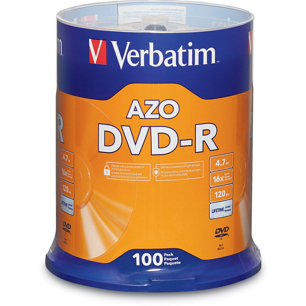 Verbatim DVD-R Recordable Media Spindle, 4.7GB/120 Minutes, Pack Of 100