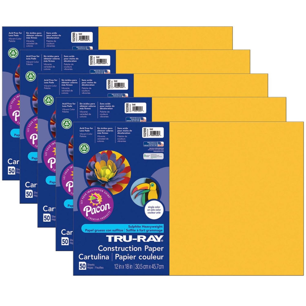 Tru-Ray Construction Paper, 12in x 18in, Gold, 50 Sheets Per Pack, Set Of 5 Packs