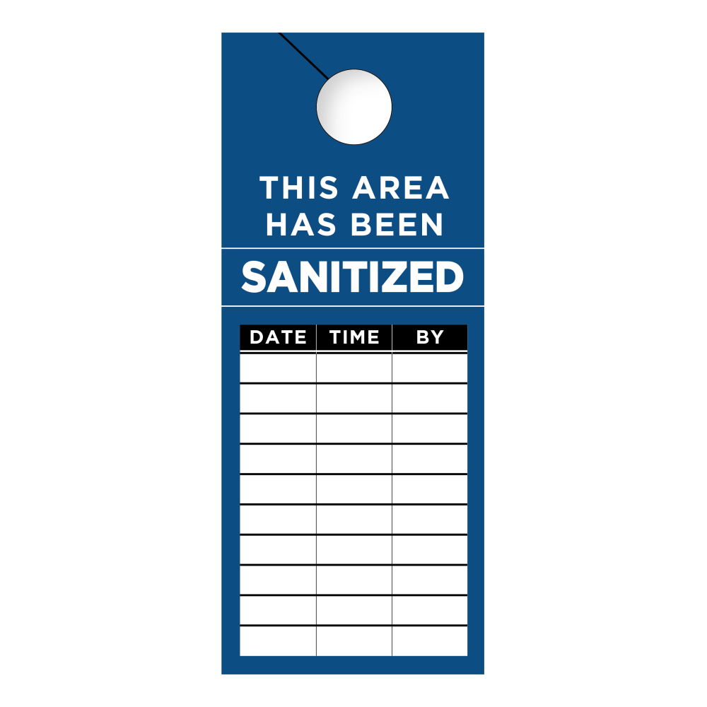 COSCO This Area Has Been Sanitized Door Hanger Signs, 3-1/2in x 8-1/2in, Blue/Black/White, Pack Of 50 Signs