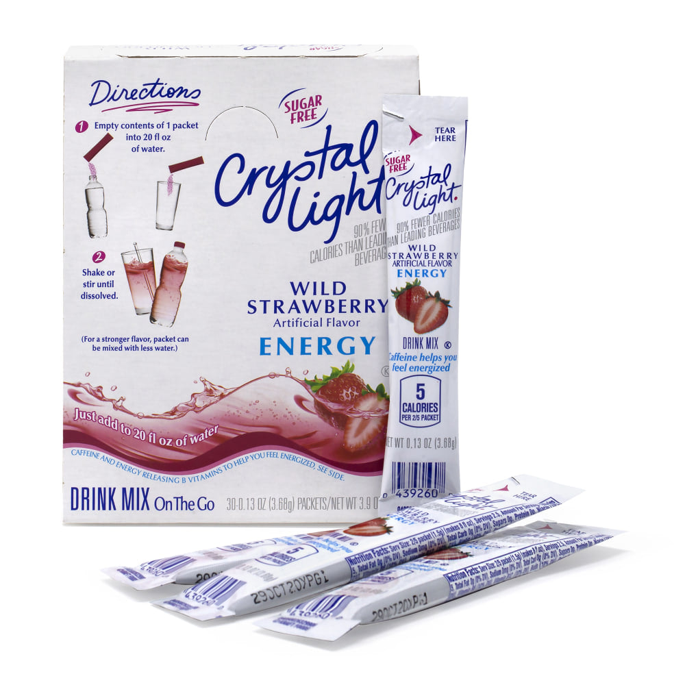 Crystal Light On-The-Go Sugar-Free Drink Mix, Wild Strawberry Energy, 0.13 Fl Oz, 30 Packets Per Box, Pack Of 2 Boxes