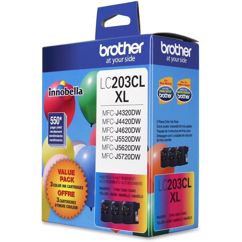 Brother LC203 Cyan; Magenta; Yellow High-Yield Ink Cartridges, Pack Of 3, LC2033PKS