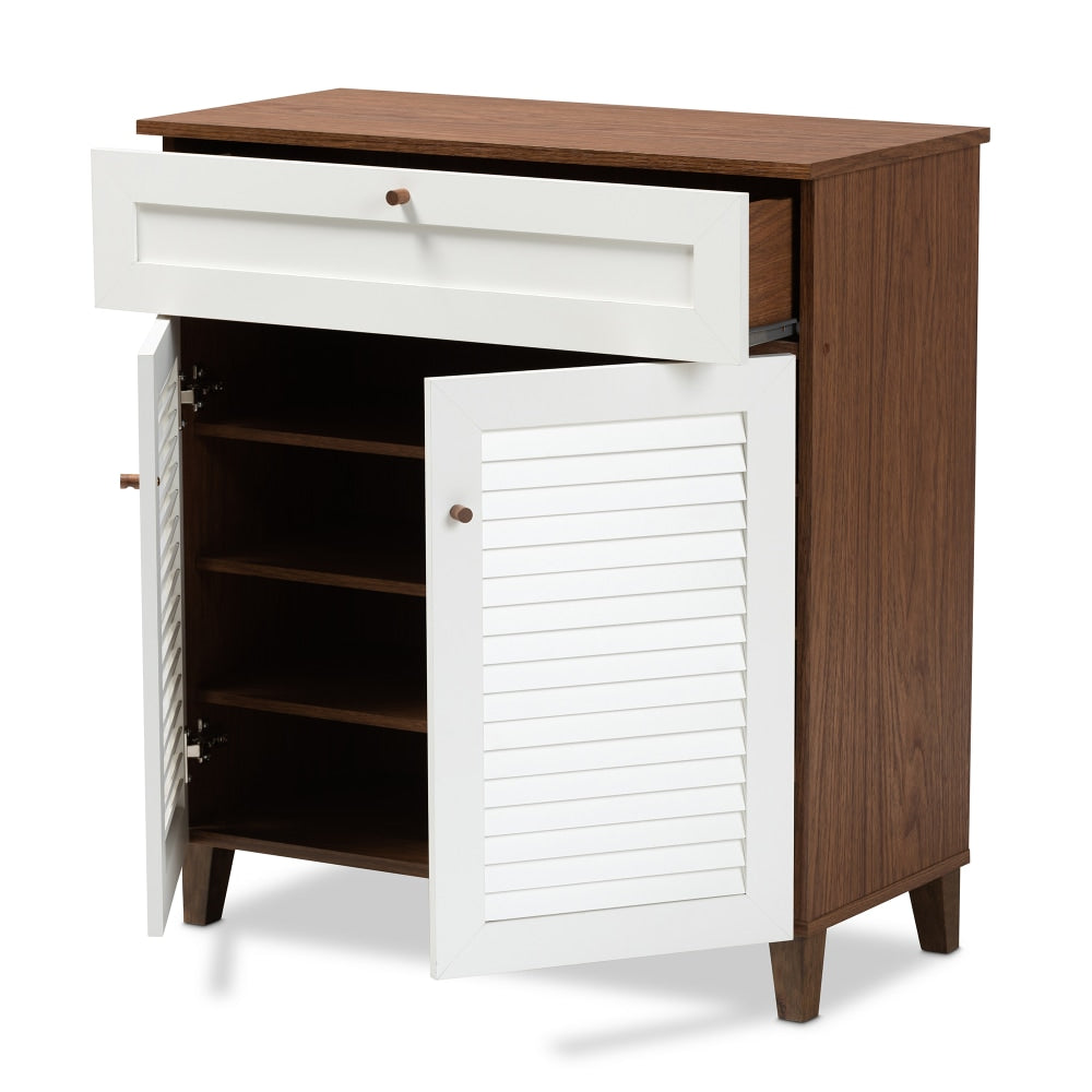 Baxton Studio Coolidge 4-Shelf Shoe Storage Cabinet With Drawer, White/Walnut