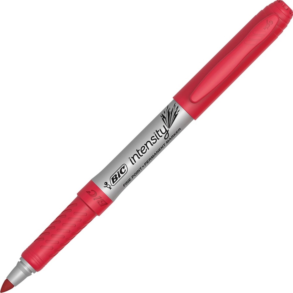 BIC Mark-it Fine-Point Permanent Markers, Red Ink, Silver Barrel, Pack Of 12