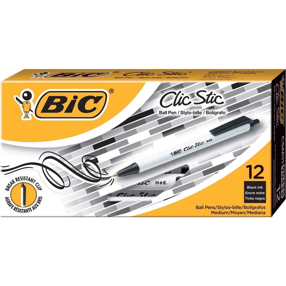 BIC Clic Stic Retractable Ballpoint Pens, Medium Point, 1.0 mm, White Barrel, Black Ink, Pack Of 12