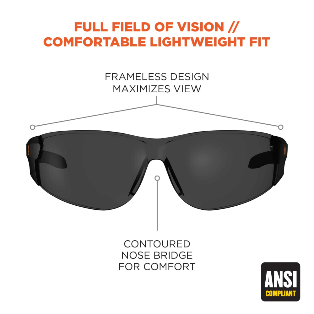 Ergodyne Skullerz SAGA Frameless Safety Glasses, One Size, Matte Black Frame, Anti-Fog Smoke Lens