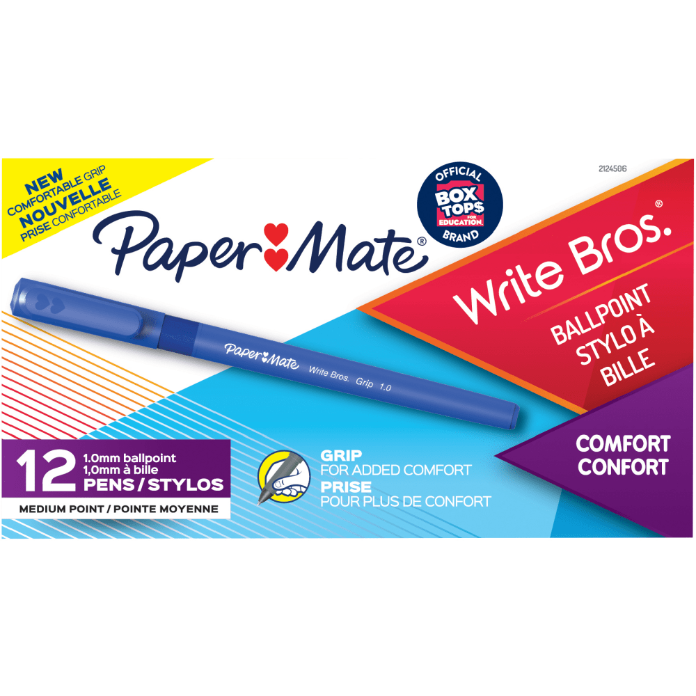 Paper Mate Write Bros Grip Ballpoint Pens, Medium Point, 1.0 mm, Blue Barrel, Blue Ink, Pack Of 12 Pens