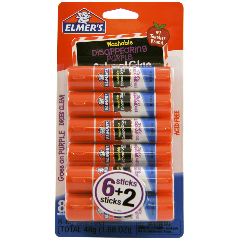 Elmers Washable Disappearing Purple School Glue Sticks, 0.21 Oz., Pack Of 6 + 2 Bonus Sticks