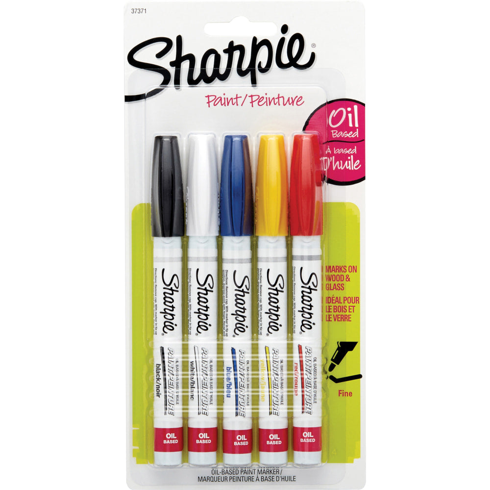 Sharpie Oil-Based Paint Markers, Fine Point, White Barrels, Assorted Ink, Pack Of 5 Markers