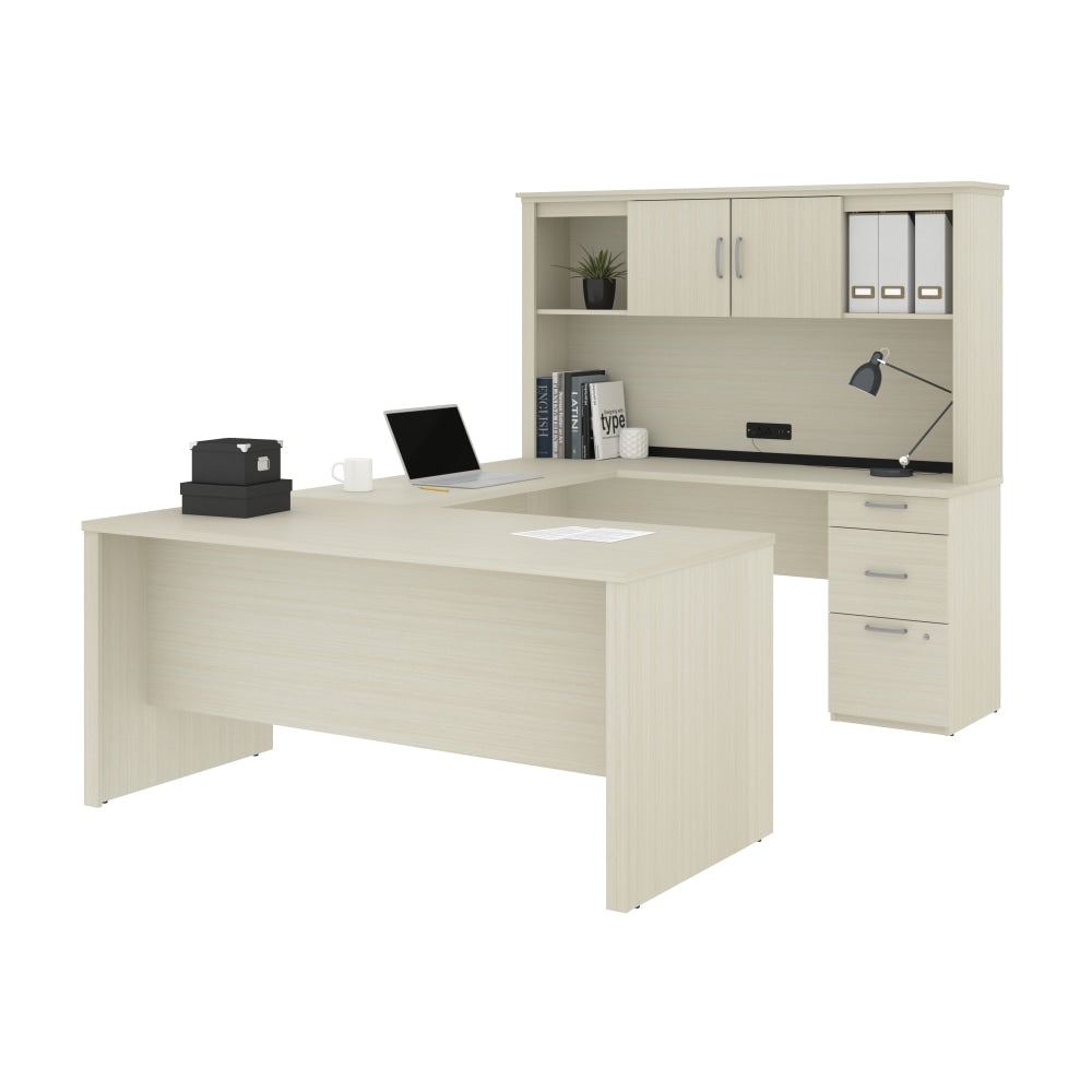 Bestar Logan 66inW U- Or L-Shaped Executive Corner Desk With Pedestal And Hutch, White Chocolate