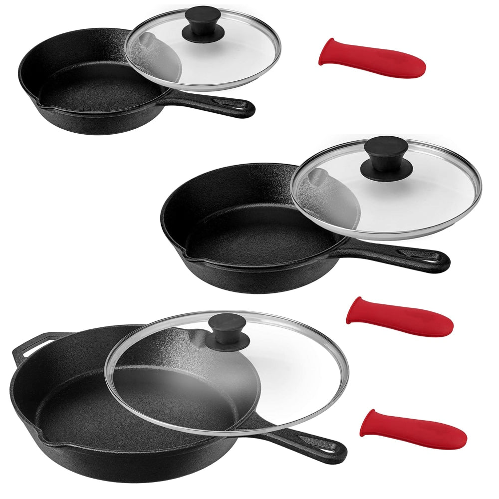 MegaChef Pre-Seasoned 9-Piece Cast Iron Skillet Set, Black/Red