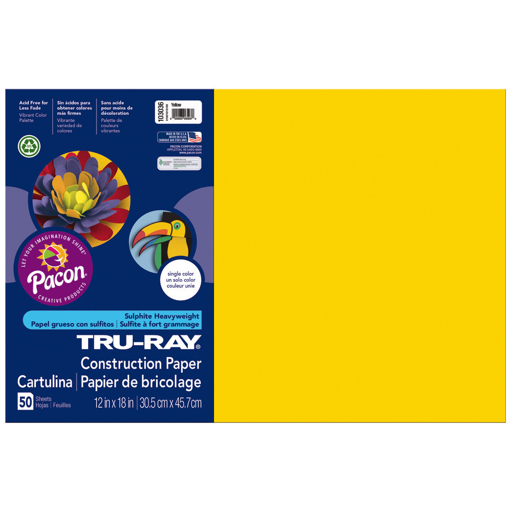 Tru-Ray Construction Paper, 50% Recycled, 12in x 18in, Yellow, Pack Of 50