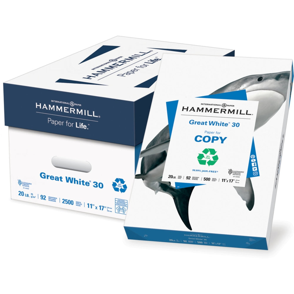 Hammermill Great White Inkjet Or Laser Paper, White, Ledger Size (11in x 17in), 30% Recycled, Ream Of 500 Sheets, 20 Lb, 92 Brightness