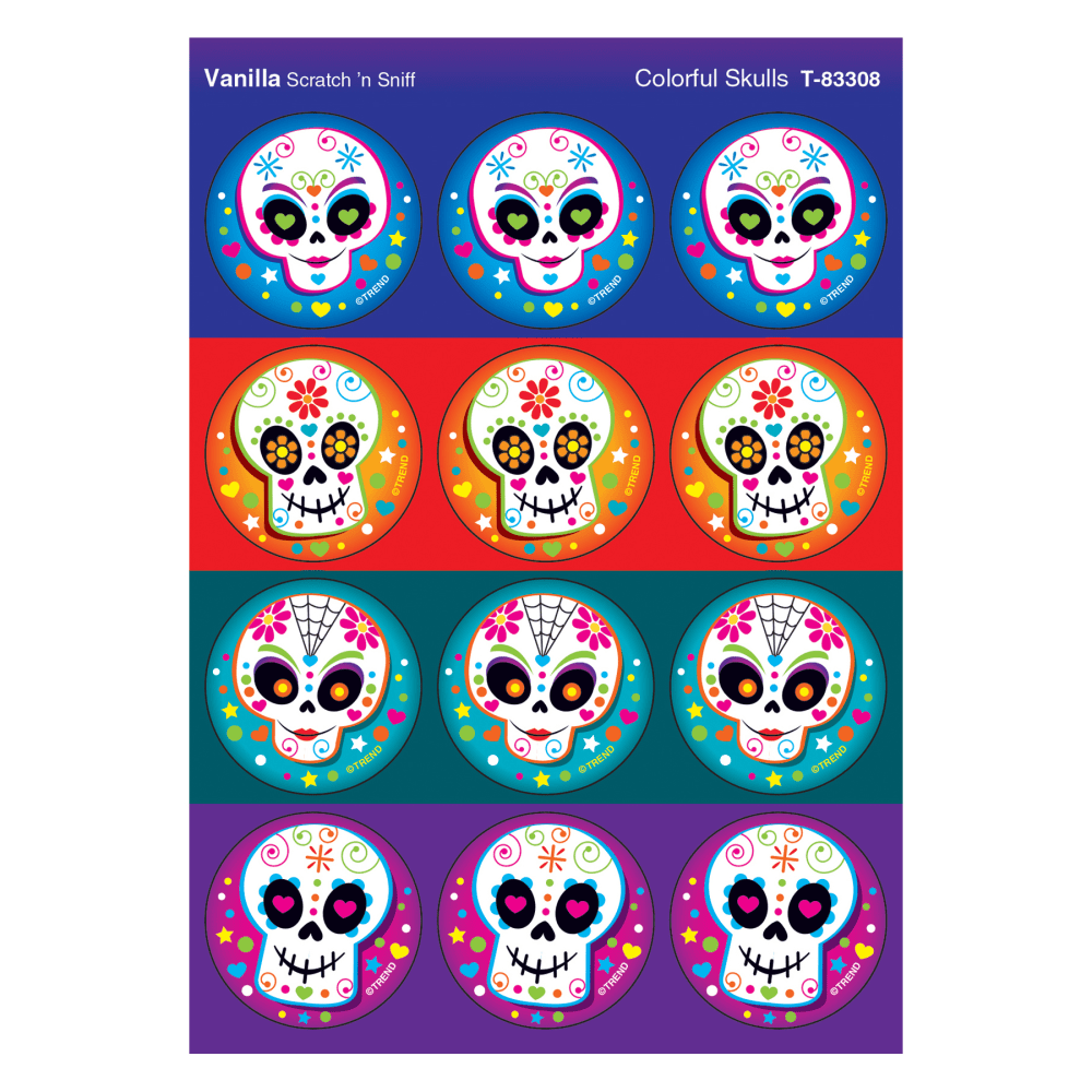 Trend Stinky Stickers, Colorful Skulls/Vanilla, 48 Stickers Per Pack, Set Of 6 Packs