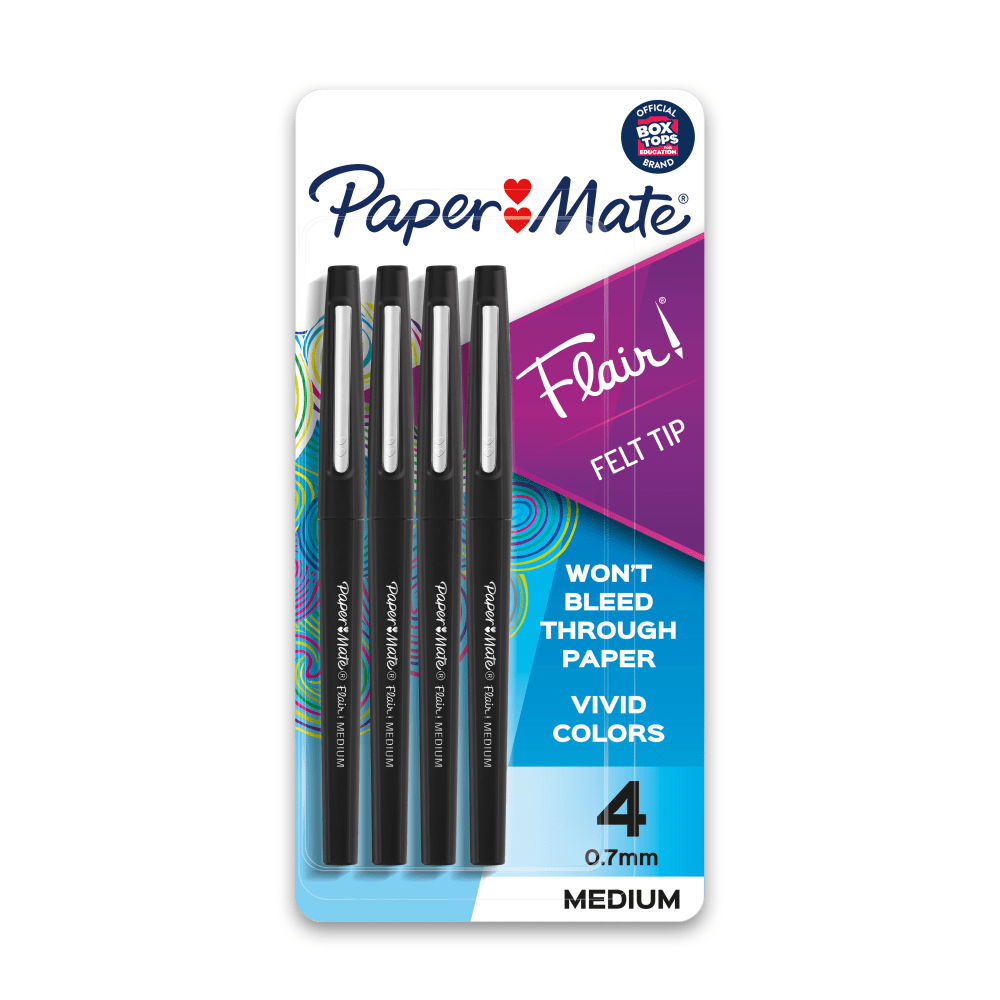 Paper Mate Flair Porous-Point Pens, Medium Point, 0.7 mm, Black Barrel, Black Ink, Pack Of 4