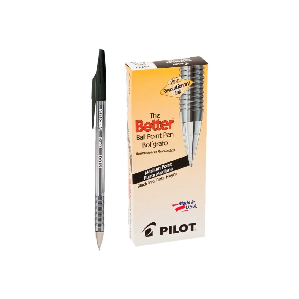 Pilot Better Ballpoint Pens, Medium Point, 1.0 mm, Black Barrel, Black Ink, Pack Of 12