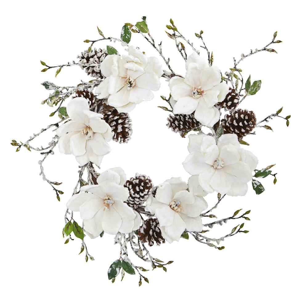 Nearly Natural 24inH Snowed Magnolia And Pine Cone Wreath, 24in x 3in, White