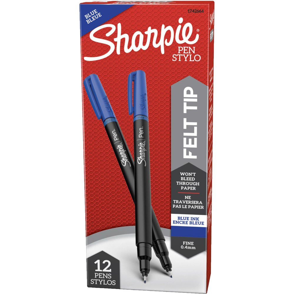 Sharpie Fine-Point Pens, Fine Point, Black Barrels, Blue Ink, Pack Of 12