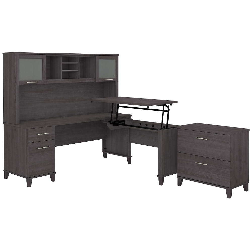 Bush Furniture Somerset 72inW 3-Position Sit-To-Stand L-Shaped Desk With Hutch And File Cabinet, Storm Gray, Standard Delivery