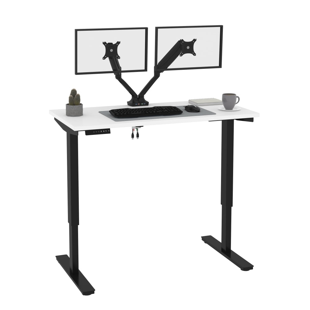 Bestar Universel Electric 48inW Standing Desk With Dual Monitor Arm, White