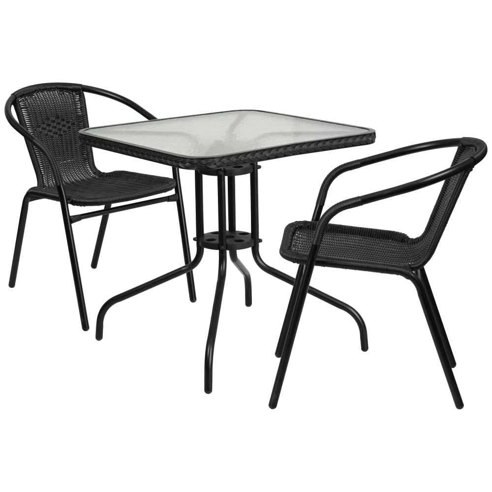 Flash Furniture Square Glass Metal Table With Rattan Edging And 2 Rattan Chairs, 28inH x 28inW x 28inD, Clear/Black