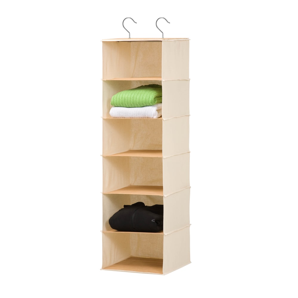 Honey-Can-Do Hanging Vertical Canvas Closet Organizer, 6 Shelves, 42inH x 12inW x 11 1/2inD, Green/Natural Bamboo