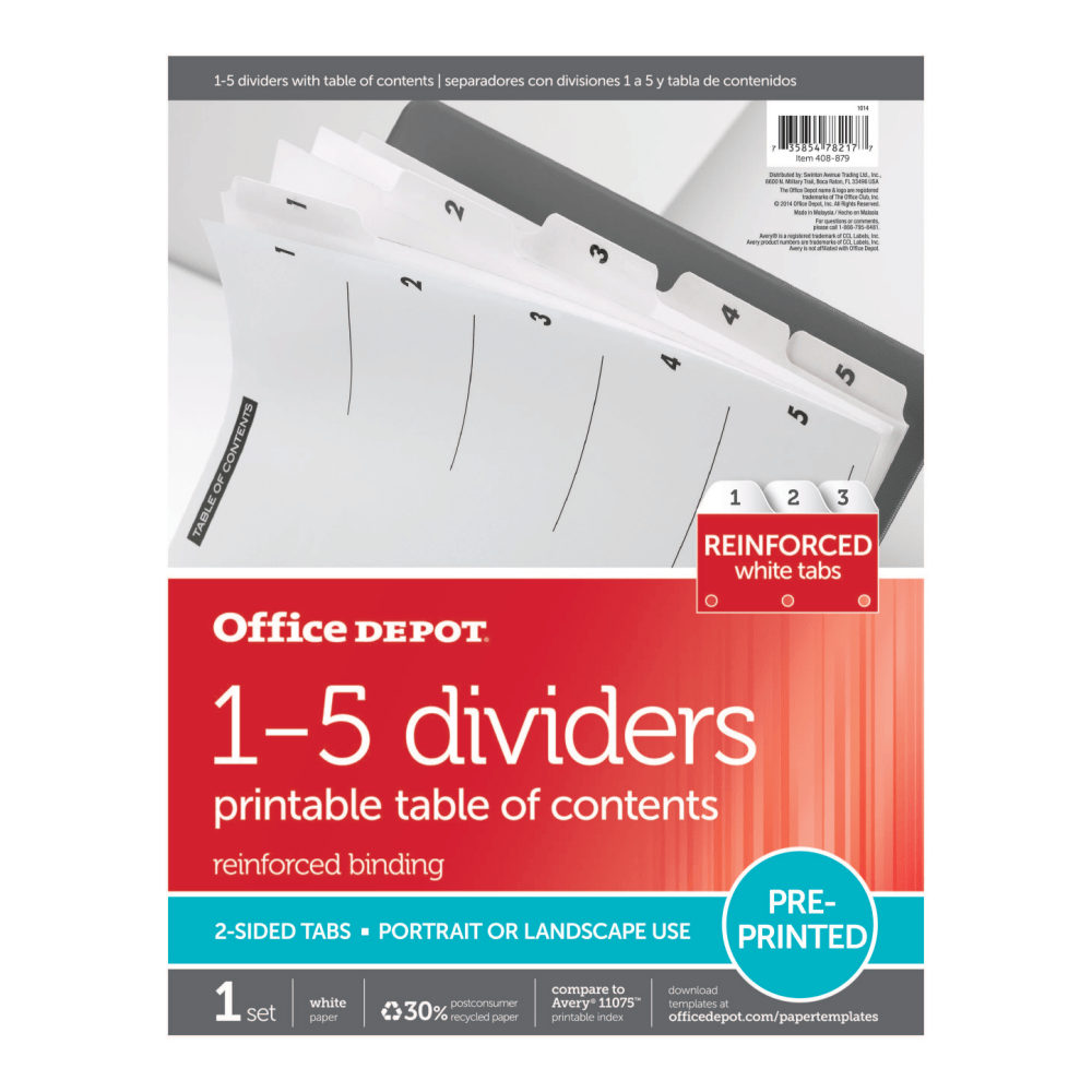 Office Depot Brand Table Of Contents Customizable Index With Preprinted Tabs, White, Numbered 1-5