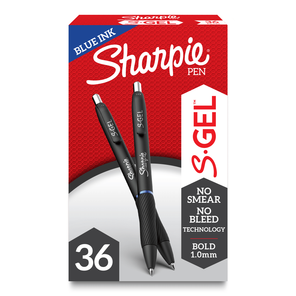 Sharpie S Gel Pens, Bold Point, 1.0 mm, Black/Blue Barrel, Blue Ink, Pack Of 36 Pens