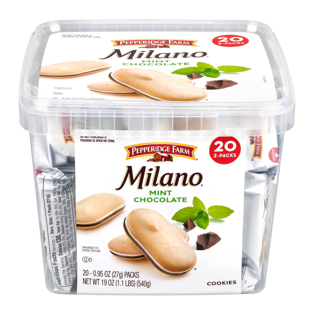 Pepperidge Farm Milano Mint Chocolate Cookies, 0.95 Oz, 2 Cookies Per Pack, Box Of 20 Packs