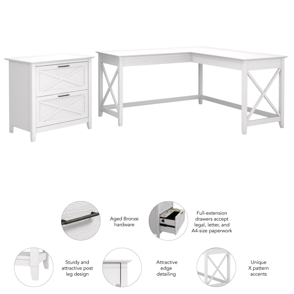 Bush Business Furniture Key West 60inW L-Shaped Corner Desk With Lateral File Cabinet, Pure White Oak, Standard Delivery