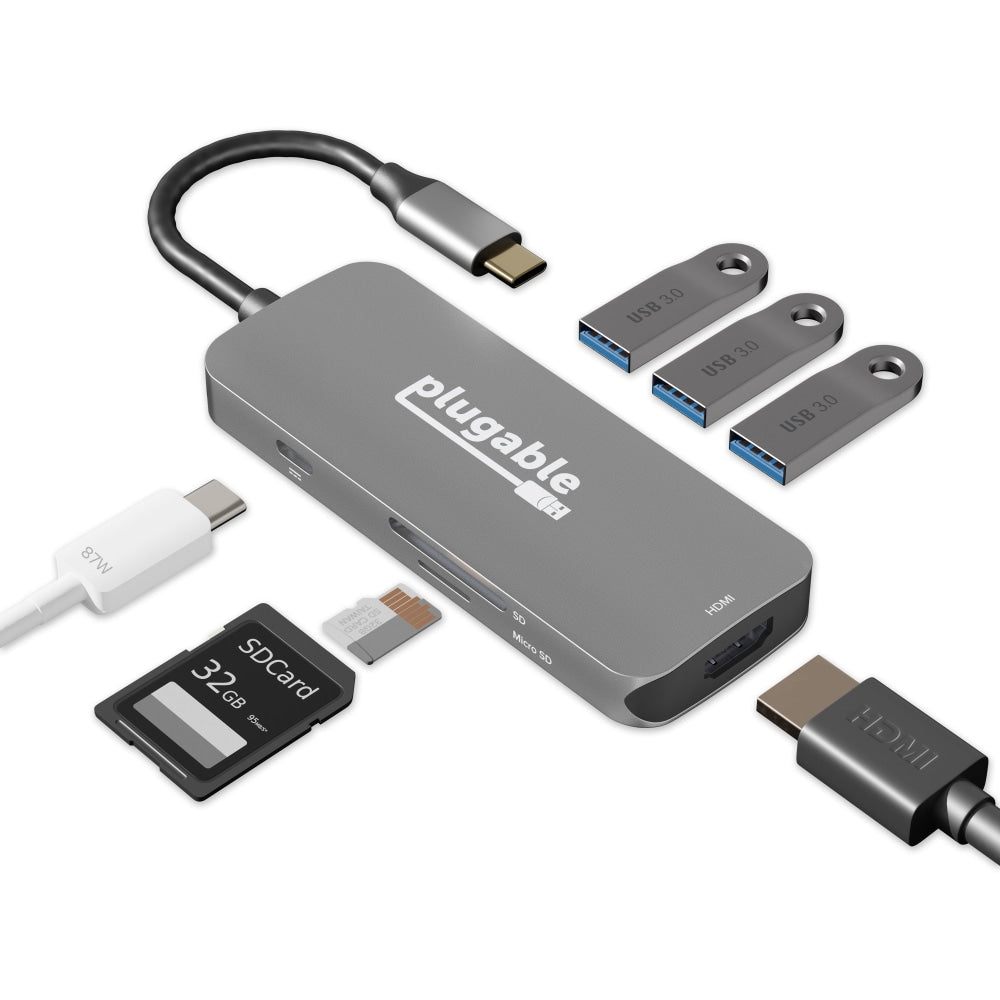 Plugable USB-C Hub 7-in-1, Compatible with Mac, Windows, Chromebook, USB4, Thunderbolt 4, and More - (4K HDMI, 3 USB 3.0, SD & microSD Card Reader, 100W Charging)