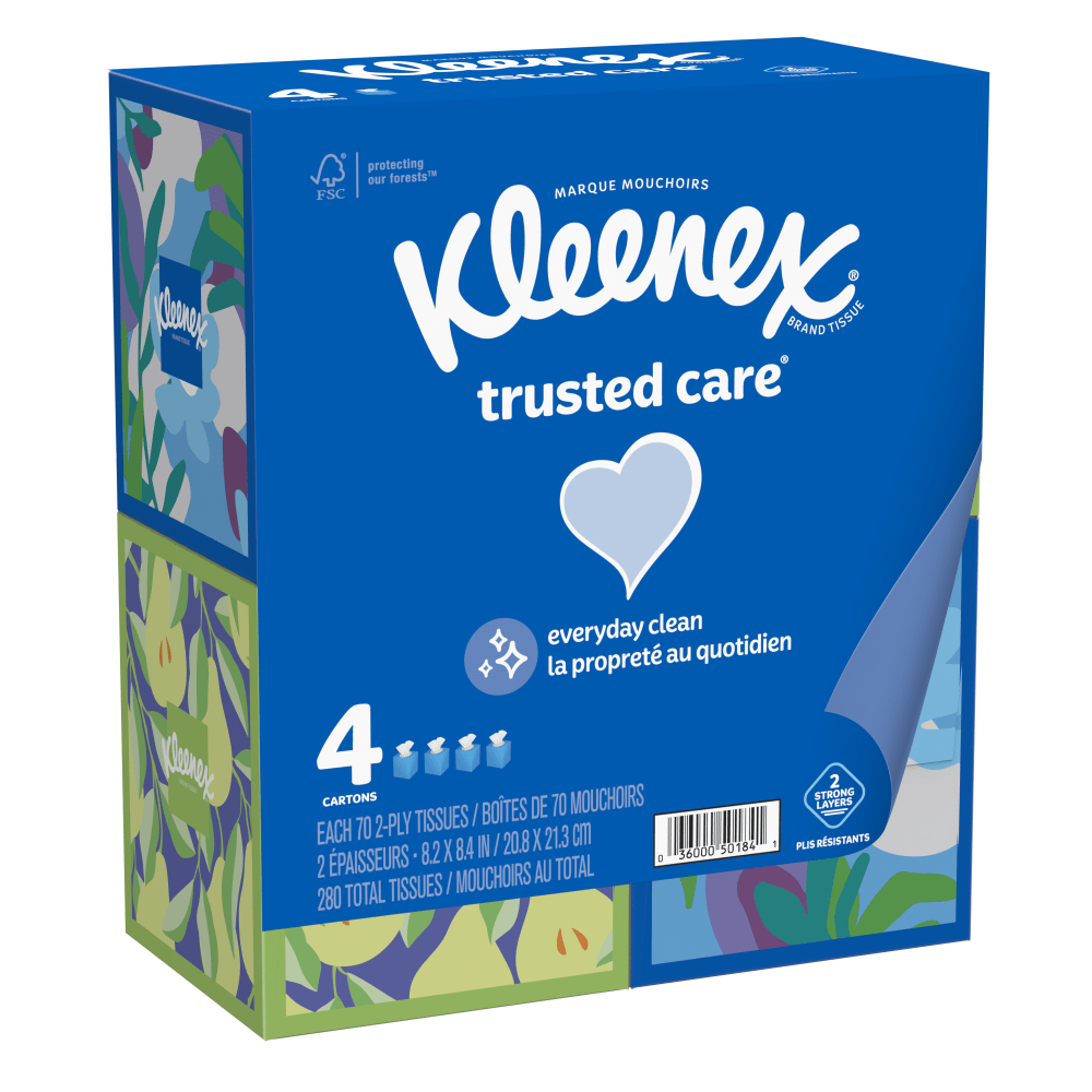 Kleenex Trusted Care 2-Ply Facial Tissues, White, 70 Tissues Per Box, Pack Of 4