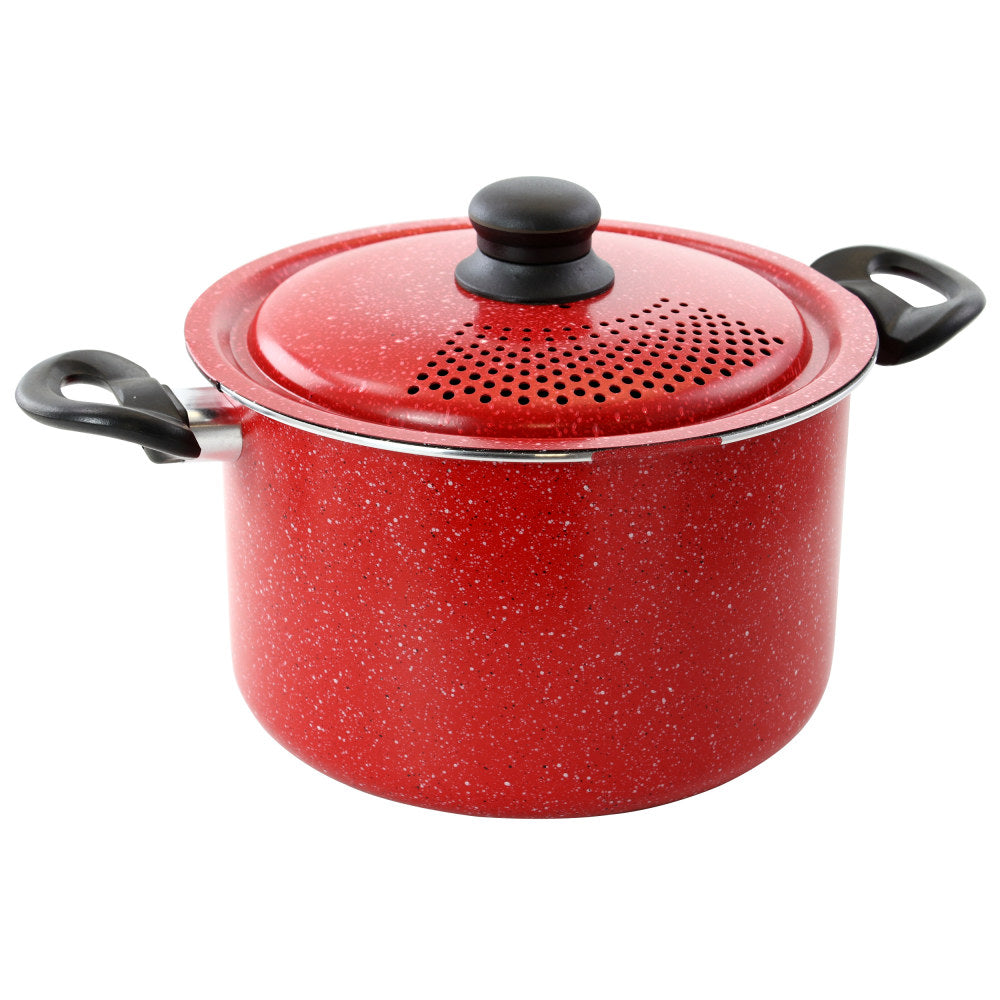 Gibson Granita 6 Qt Aluminum Pasta Pot With Strainer Lid, 6inH x 14-1/2inW x 9-1/2inD, Red Speckle