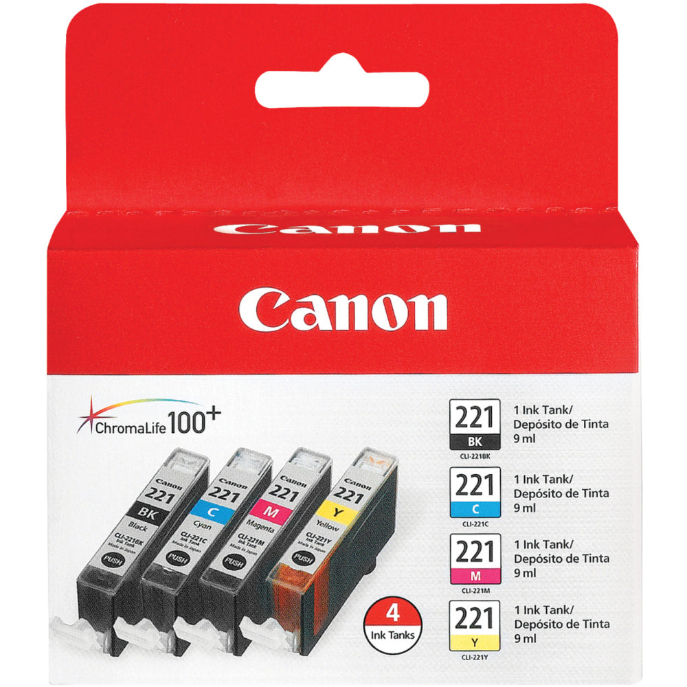 Canon CLI-221 ChromaLife 100+ Black And Cyan, Magenta, Yellow Ink Cartridges, Pack Of 4, 2946B004