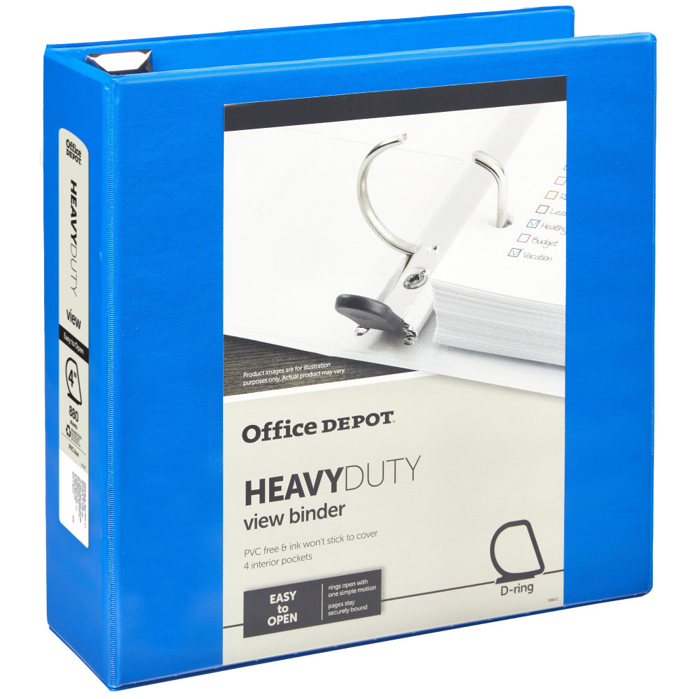 Office Depot Brand Heavy-Duty View 3-Ring Binder, 4in D-Rings, Blue