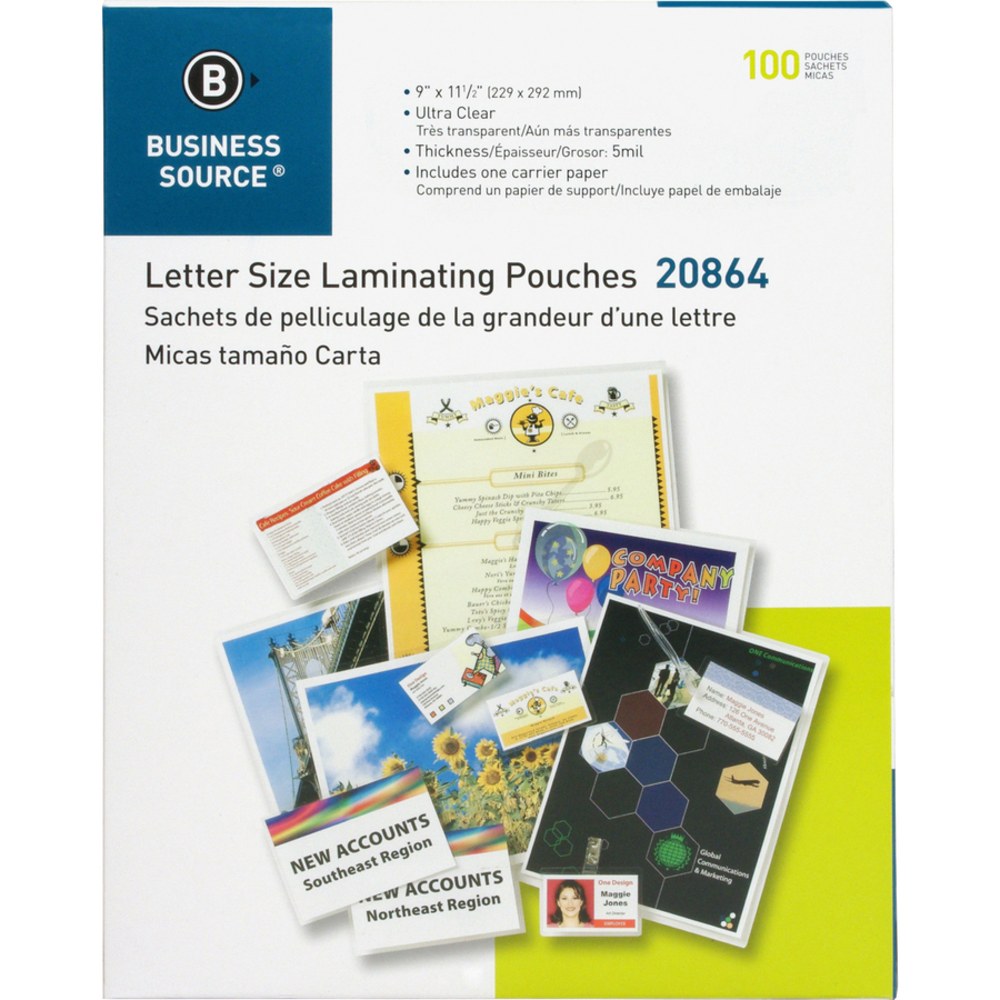 Business Source Laminating Pouches, Letter Size, 5 Mil Thickness, Clear, Box Of 100