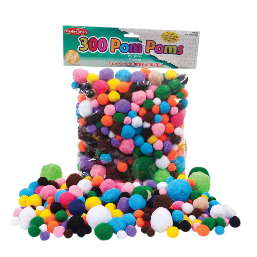 Charles Leonard Creative Arts Pom-Poms, Assorted Sizes, Assorted Colors, 300 Pom-Poms Per Pack, Set Of 3 Packs