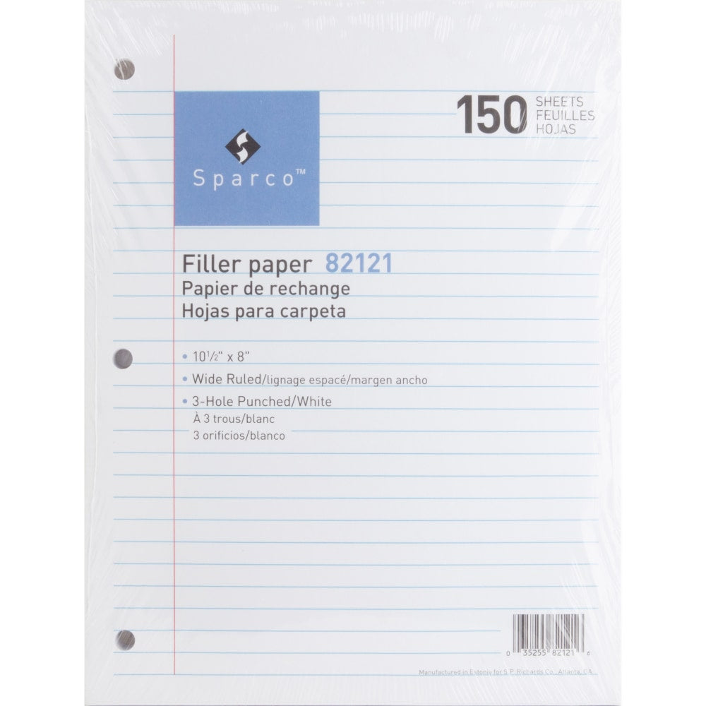 Sparco Standard White 3HP Filler Paper - 150 Sheets - Wide Ruled - Ruled Red Margin - 16 lb Basis Weight - 8in x 10 1/2in - White Paper - Bleed-free - 150 / Pack