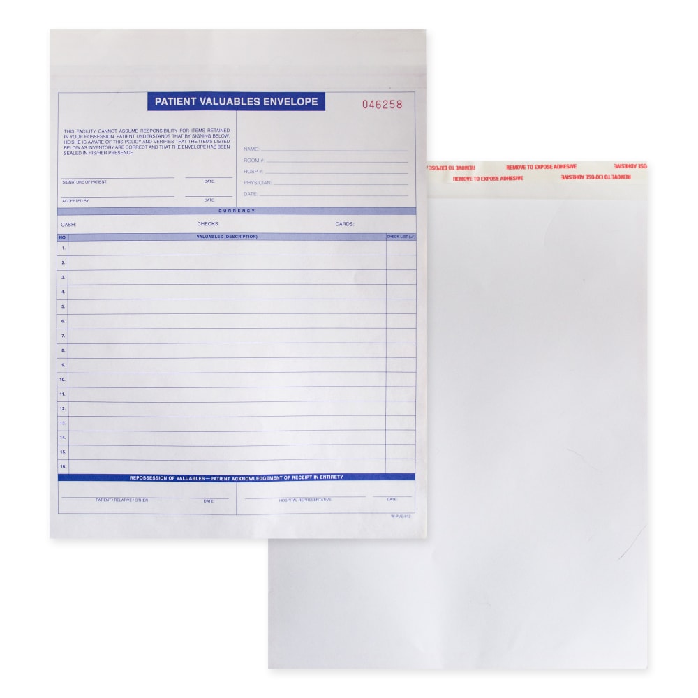 Patient Valuables Form and Heavy Duty Paper Envelope, Sequentially Numbered, 9in x 12in, 3 part, Pack of 2,500