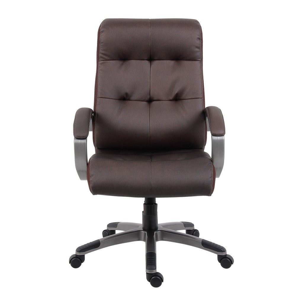 Boss Office Products Double-Plus Ergonomic LeatherPlus Bonded Leather High-Back Chair, Brown/Pewter