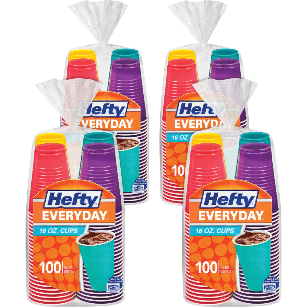 Hefty Disposable Party Cups - 100 / Pack - 4 / Carton - Yellow, Purple, Red, Teal, Assorted Bright - Plastic - Cold Drink, Party