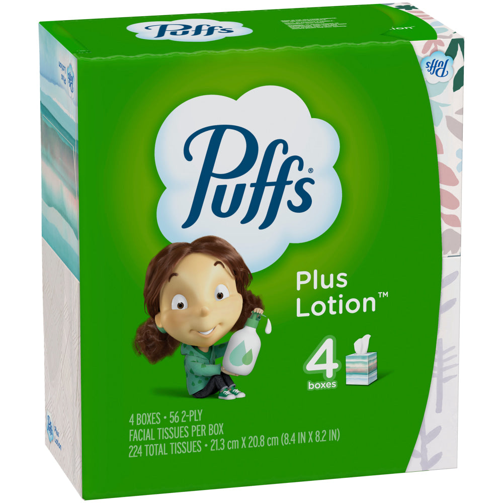 Puffs Plus Lotion 2-Ply Facial Tissues, White, 56 Sheets Per Box, Pack of 4 Boxes