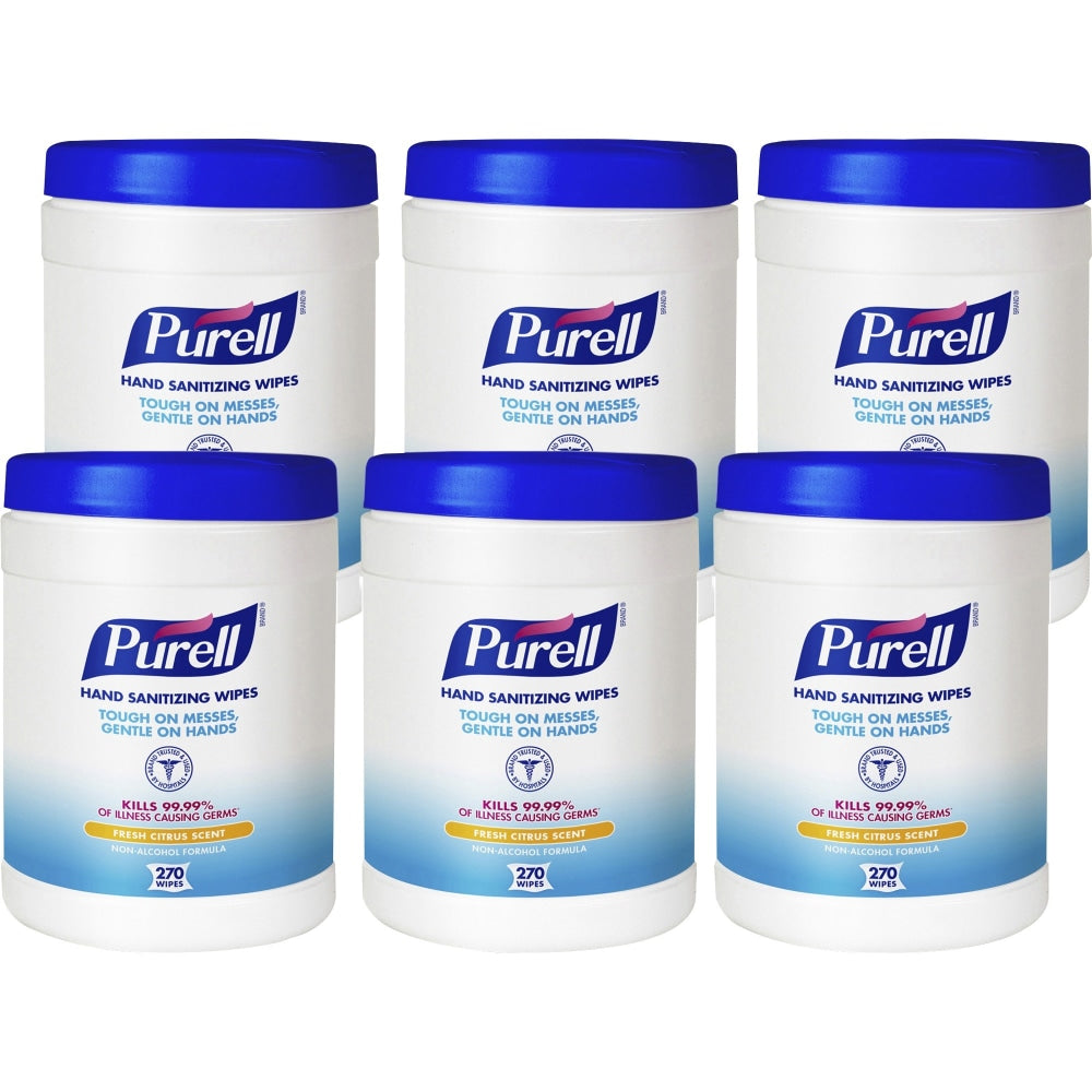 Purell Citrus Hand Sanitizing Wipes, 6in x 6-3/4in, 270 Wipes Per Canister, Carton Of 6 Canisters