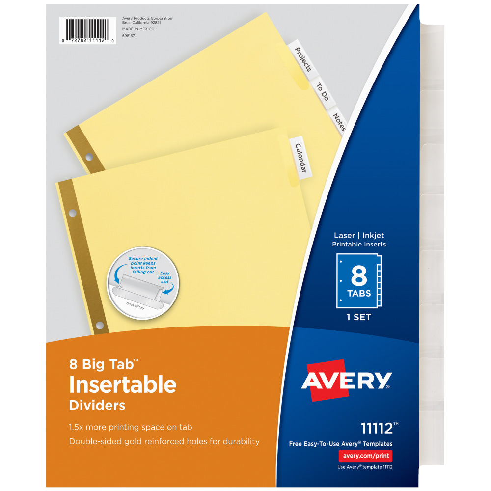 Avery Big Tab Insertable Dividers, Gold Reinforced, Buff/Clear, 8 1/2in x 11in, 8-Tab, Pack Of 24