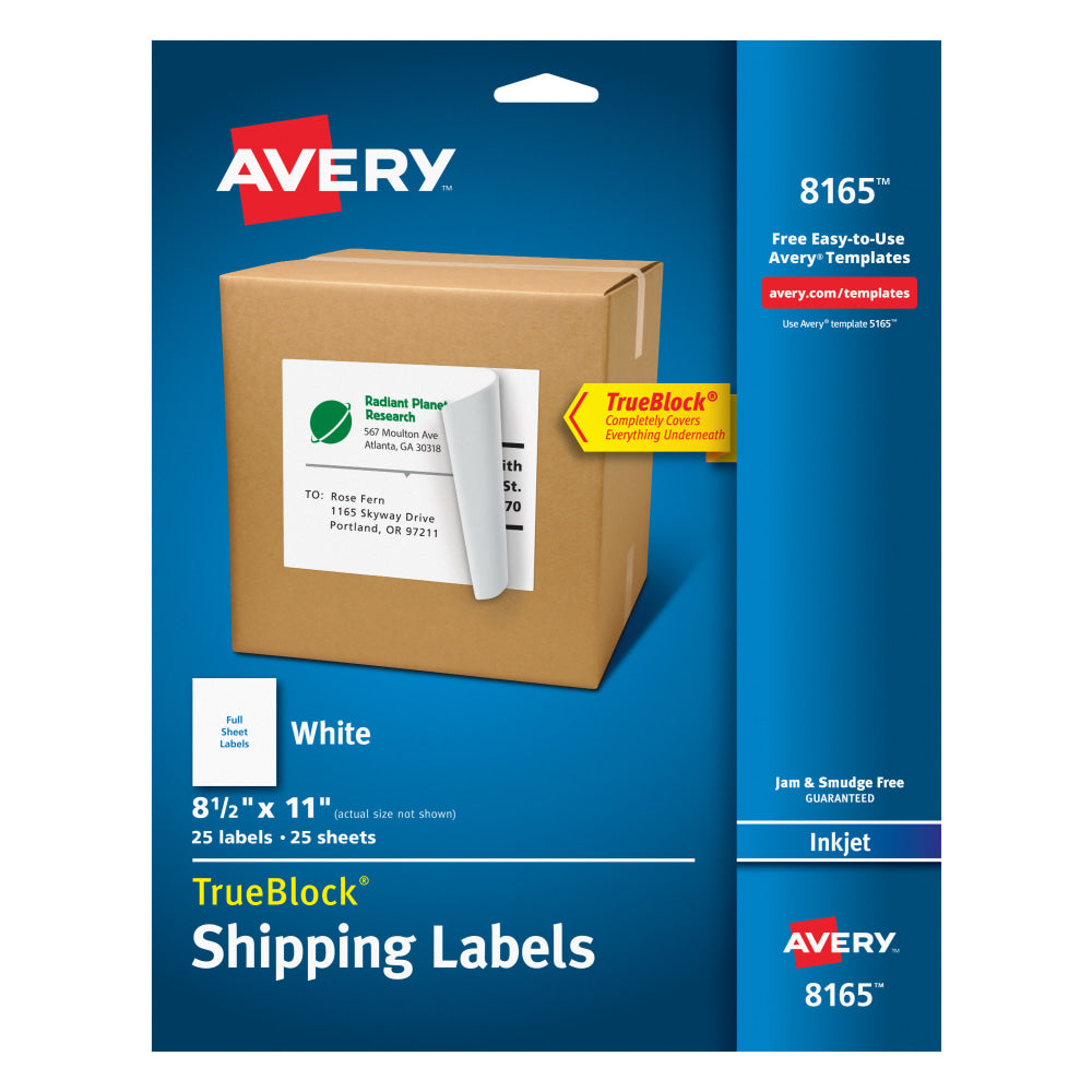 Avery Permanent Full-Sheet Labels, 8165, Inkjet, 8 1/2in x 11in, White, Box Of 25