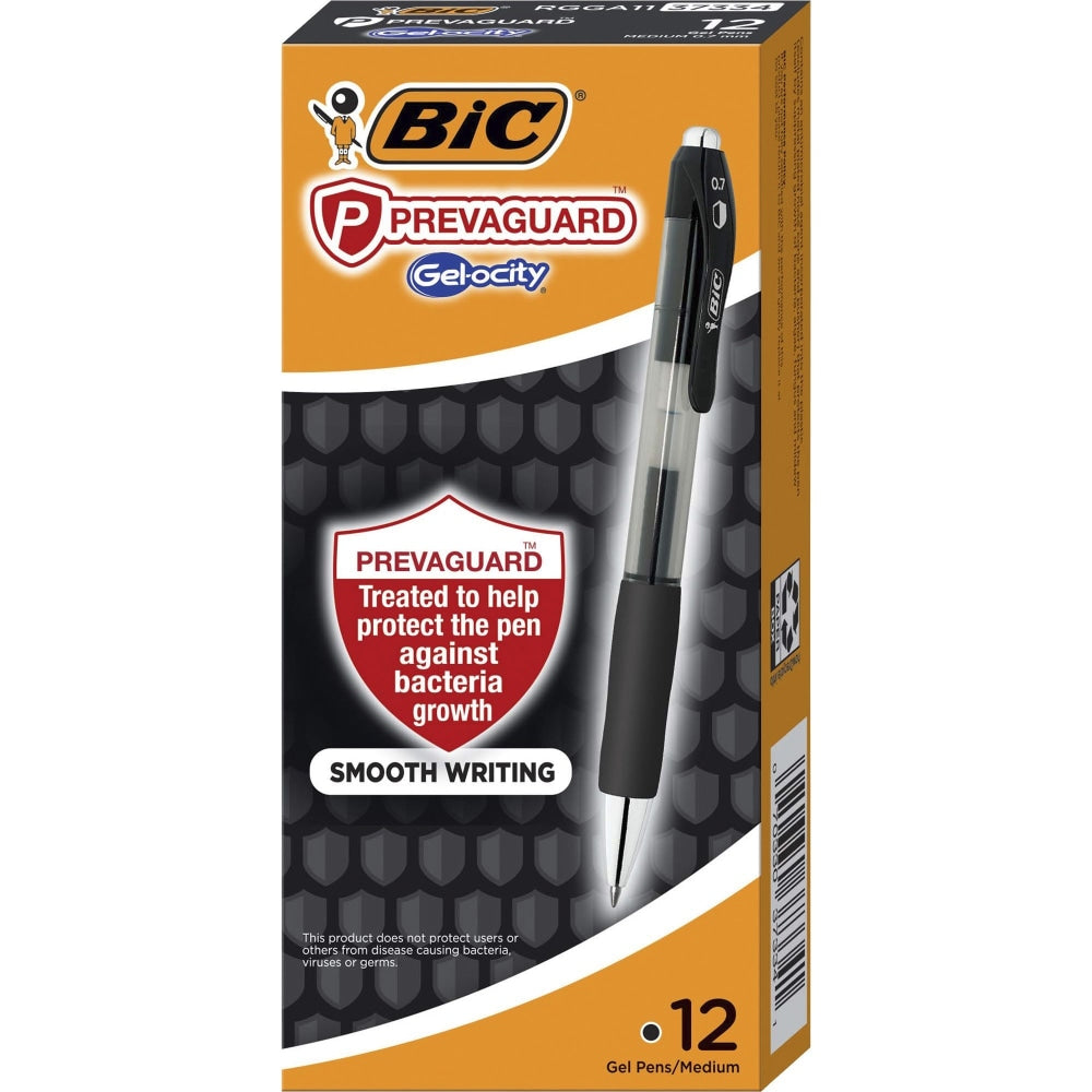 BIC PrevaGuard Gel-ocity Gel Pens, Pack Of 12, Medium Point, 0.7 mm, Black Barrel, Black Ink