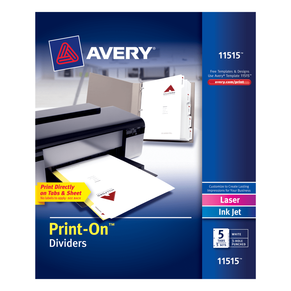 Avery Customizable Print-On Dividers, 8 1/2in x 11in, 5 Tabs, Pack Of 5 Sets